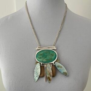 CHICO’S Necklace Abalone Wood Silver Tone Metal Multi Strand Chain Statement